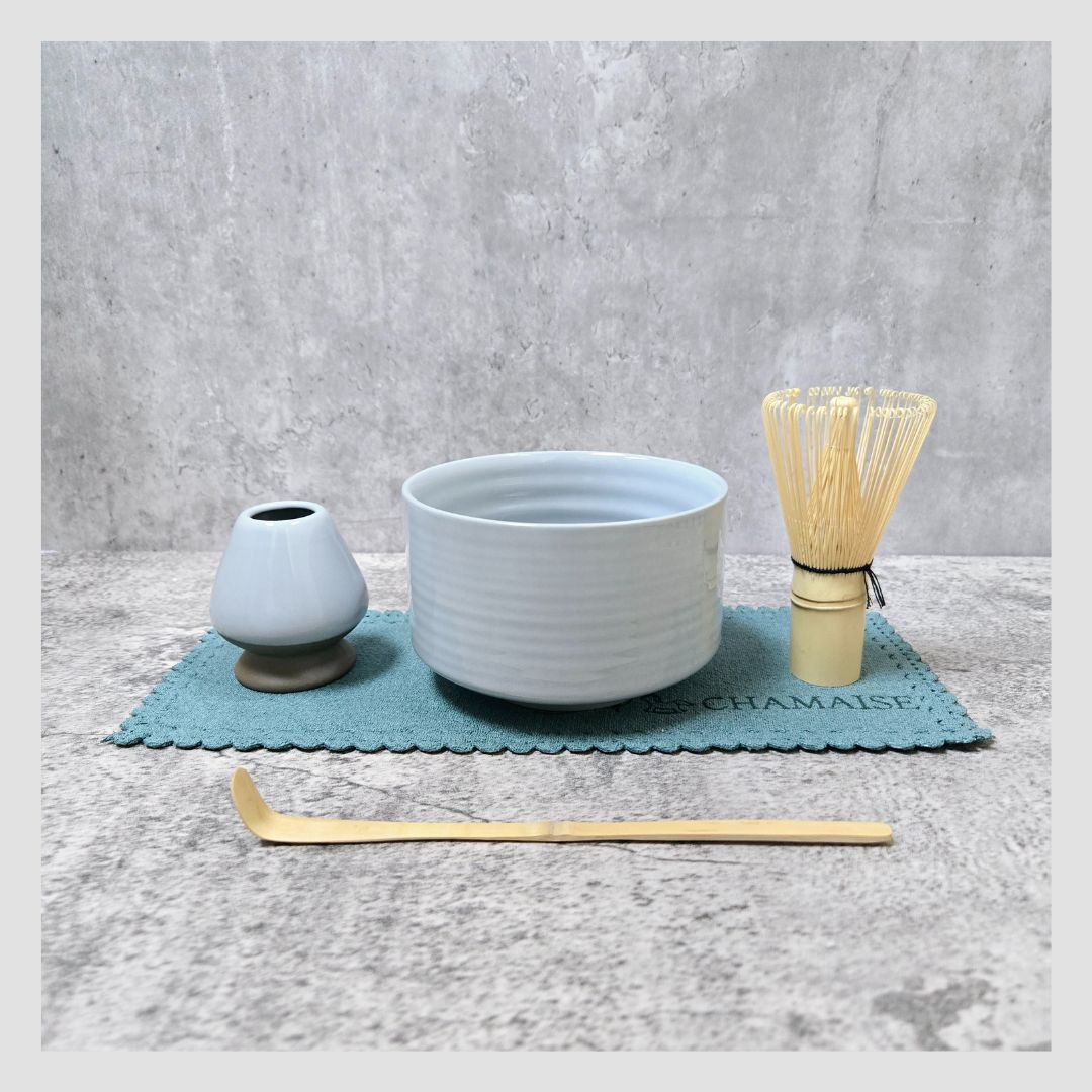 日本抹茶茶具套裝| 五件套| 日本茶道工具| 抹茶碗陶瓷碗(灰藍色