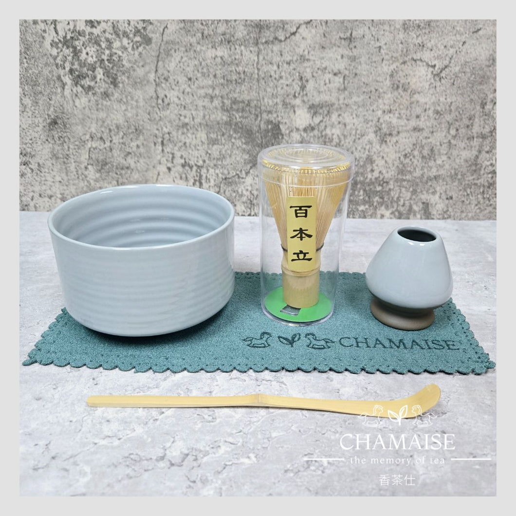 Jap Matcha Tea Set | Matcha Bowl (Blue Grey) | Matcha Whisk | Whisk Stand | Bamboo Scoop | Towel